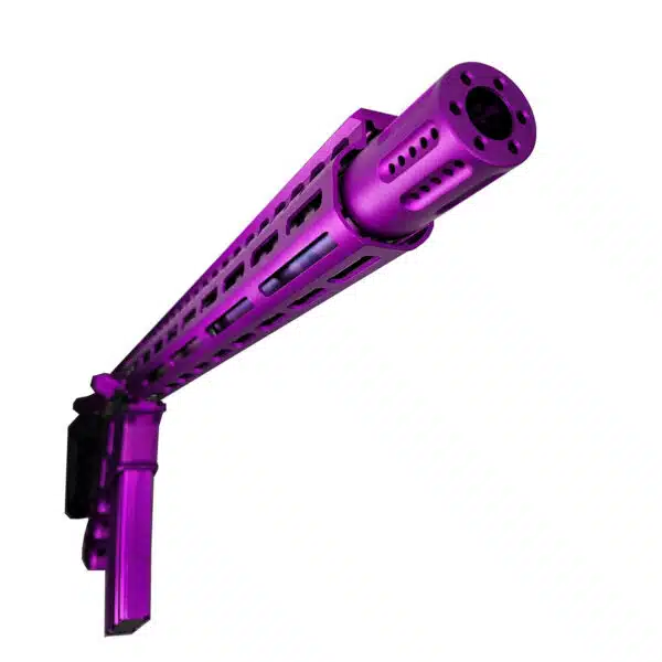 Custom purple rifle with vented barrel and modular handguard for tactical use.