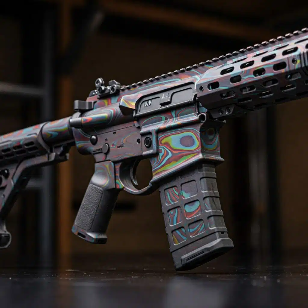 Custom tactical rifle with turquoise accents on a dark surface, featuring high-end craftsmanship.