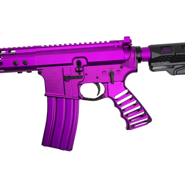 Custom purple rifle with skeletal grip and black muzzle brake.