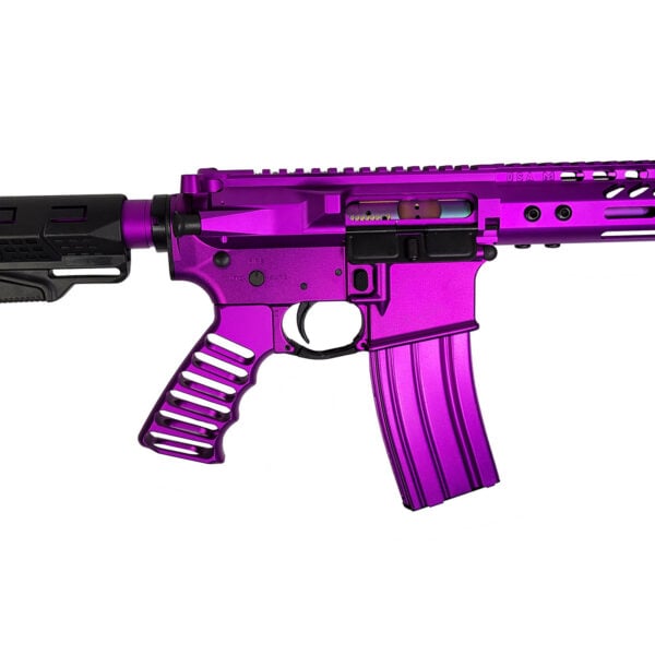 Vibrant purple semi-automatic rifle with modern, customizable features and adjustable stock.