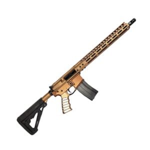 Modern bronze tactical rifle with adjustable black stock and M-LOK handguard.