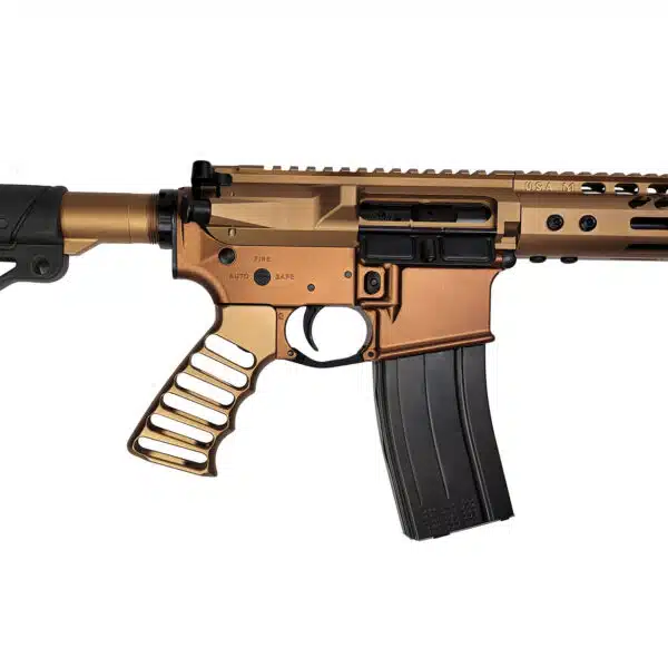 Close-up of a modern bronze and black rifle with a skeletal grip and tactical design.