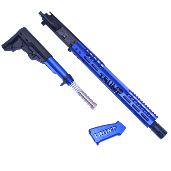 Trump 2024 AR-15 5.56 blue rifle parts with collapsible stock.