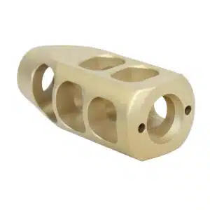 Tin Coated AR .308 Cal Multi Port Compensator showing side and top porting slots
