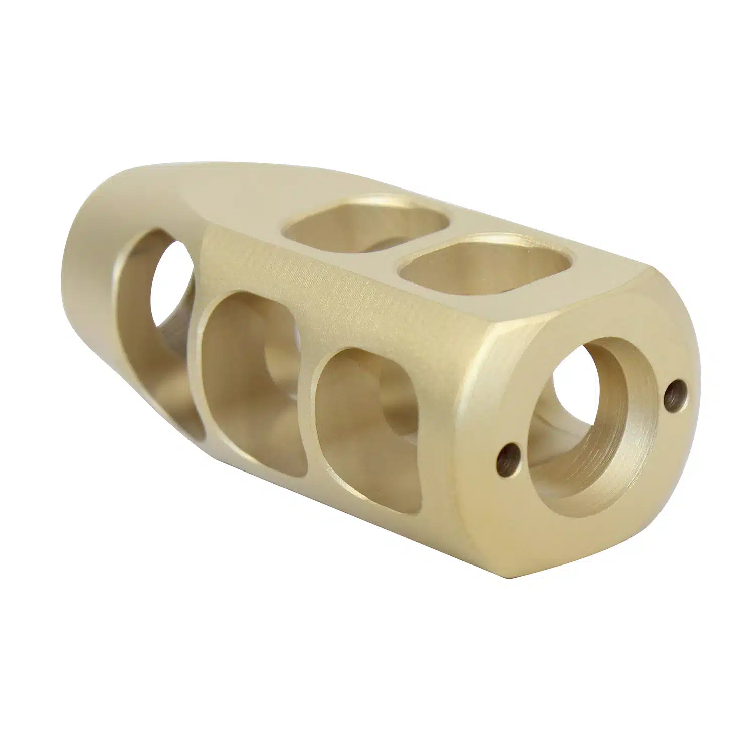 Tin Coated AR .308 Cal Multi Port Compensator showing side and top porting slots