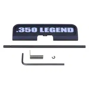 AR-15 ejection port dust cover assembly in anodized black with .350 LEGEND laser marking, rod, spring, and clip
