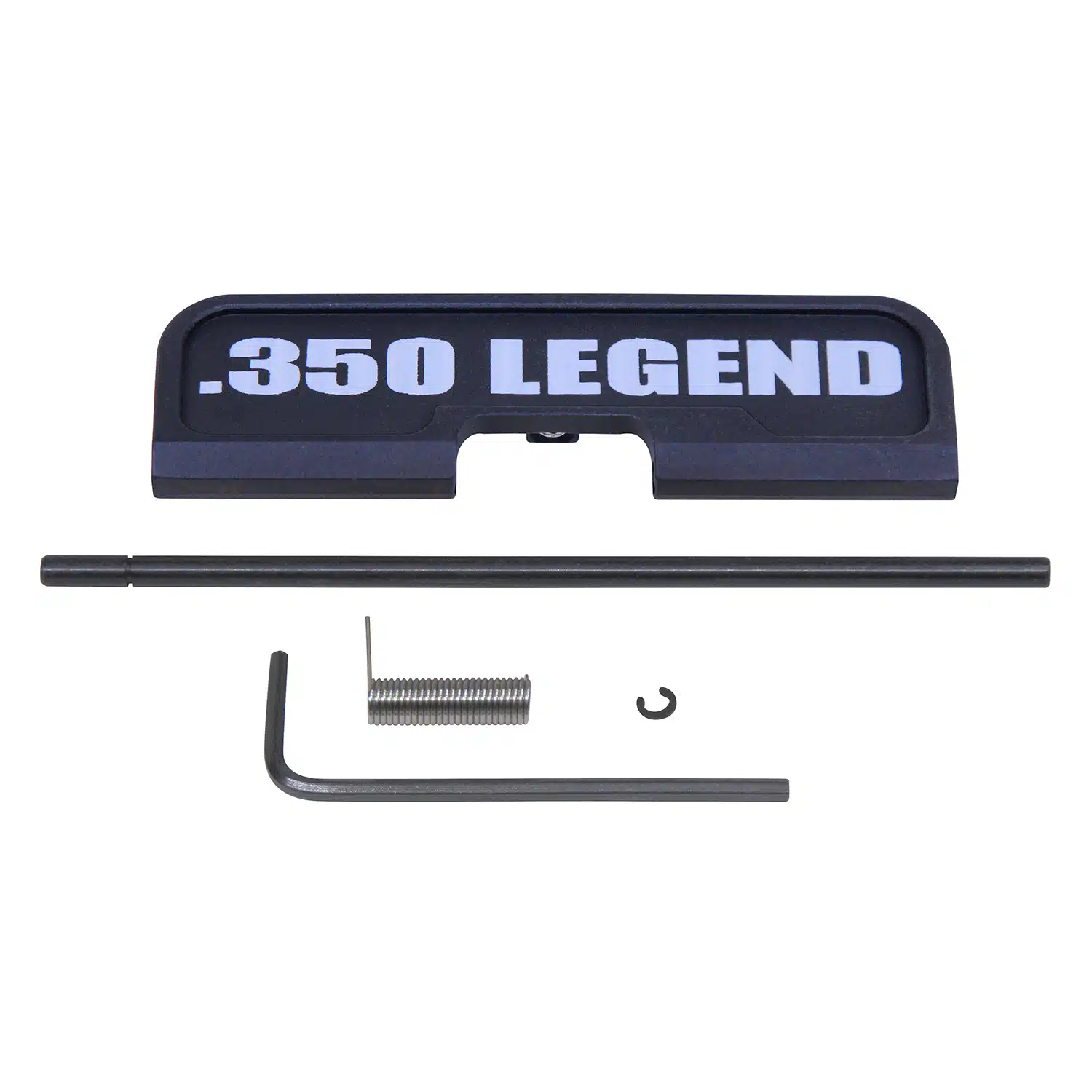 AR-15 ejection port dust cover assembly in anodized black with .350 LEGEND laser marking, rod, spring, and clip