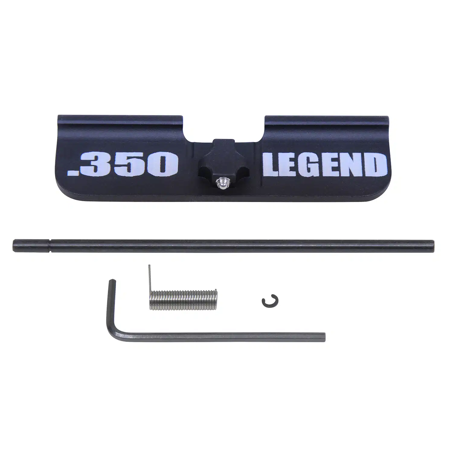 AR-15 ejection port dust cover assembly in anodized black with .350 LEGEND laser marking and included hardware