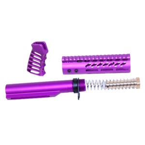 AR-15 7 pistol brace kit in anodized purple with components displayed.