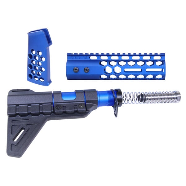 AR-15 7" Honeycomb Pistol Furniture Set With Brace in Anodized Blue