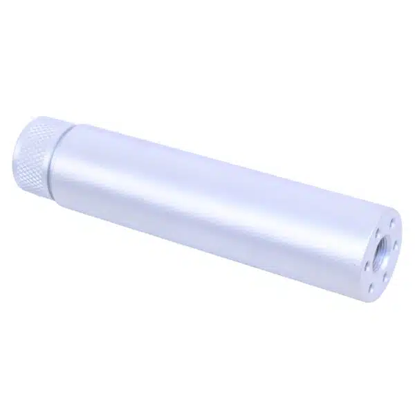 AR-15 5.5 inch fake suppressor, unfinished metallic cylinder with knurled end.