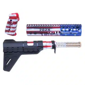 AR-15 pistol furniture set with Cerakote Battleworn finish featuring Trump 2024 series handguard, grip, and buffer tube kit