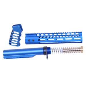 AR-15 blue anodized pistol brace kit with buffer tube and accessories.