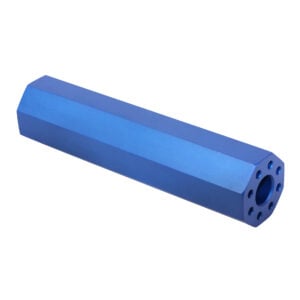 Blue AR-15 octagonal fake suppressor, 4.5 inches, anodized finish, with circular attachment holes.