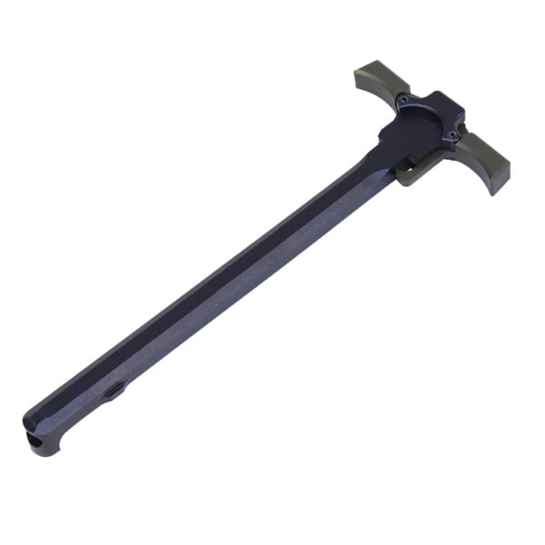 AR-15 ambidextrous charging handle in black with green latches, designed for quick engagement.