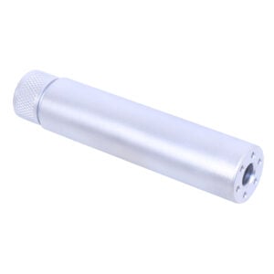 AR-15 5.5-inch fake suppressor, sleek metallic cylinder with textured grip.