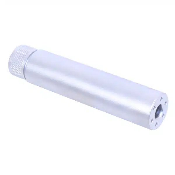 AR-15 5.5-inch fake suppressor, sleek metallic cylinder with textured grip.