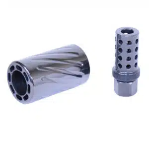 AR-15 muzzle comp and QD blast shield in black chrome finish.