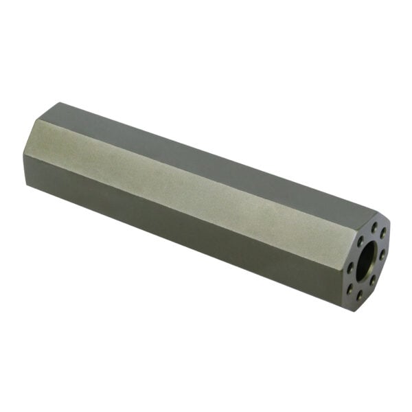 AR-15 green anodized octagonal fake suppressor with precise hole pattern.