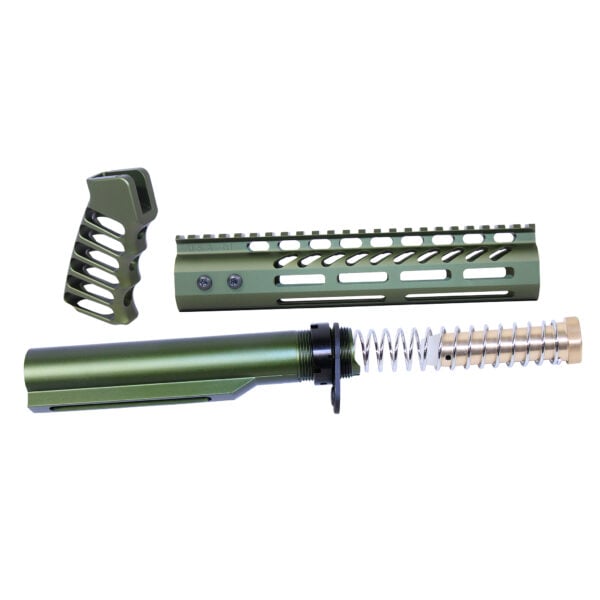 AR-15 pistol brace kit with buffer tube and olive drab components on white background.