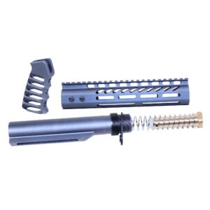 AR-15 pistol brace kit with buffer tube and ergonomic grip in anodized grey.