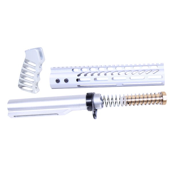 AR-15 pistol brace kit with buffer tube and components in polished metal.