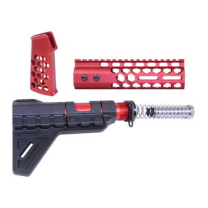 AR-15 red honeycomb pistol furniture set with brace and ergonomic grip components.