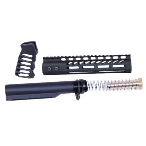 AR-15 pistol brace build kit featuring anodized black handguard, buffer tube, and grip.