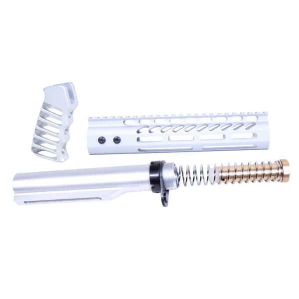 AR-15 pistol brace kit with buffer tube and muzzle brake in anodized clear finish.