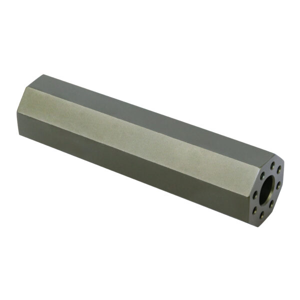 AR .308 Cal 4.5 octagonal fake suppressor in anodized green with attachment holes.