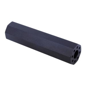 AR .308 Cal octagonal fake suppressor in anodized black, precision-engineered with perforated end.