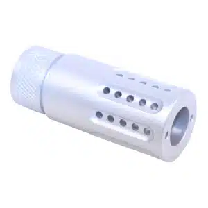 Unfinished AR .308 Micro Slip Over Barrel Shroud with multi-port muzzle brake, showing raw aluminum finish and knurled end cap.