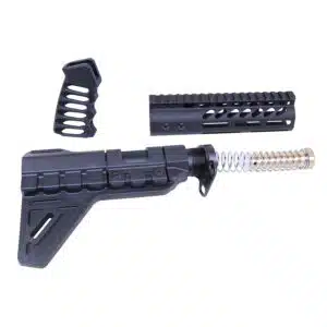 Anodized black AR-15 pistol furniture set including buffer tube, grip, and handguard