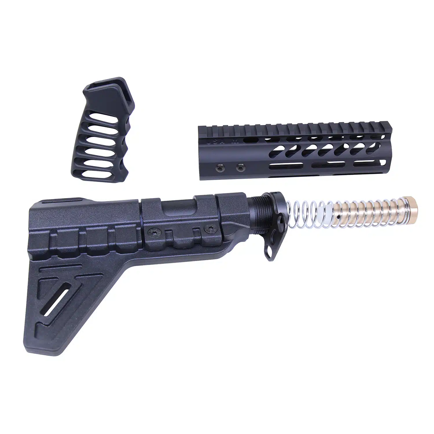 Anodized black AR-15 pistol furniture set including buffer tube, grip, and handguard