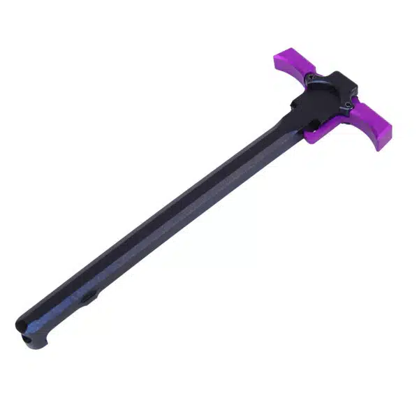 Ambidextrous AR-15 charging handle with black aluminum build and striking purple accents.