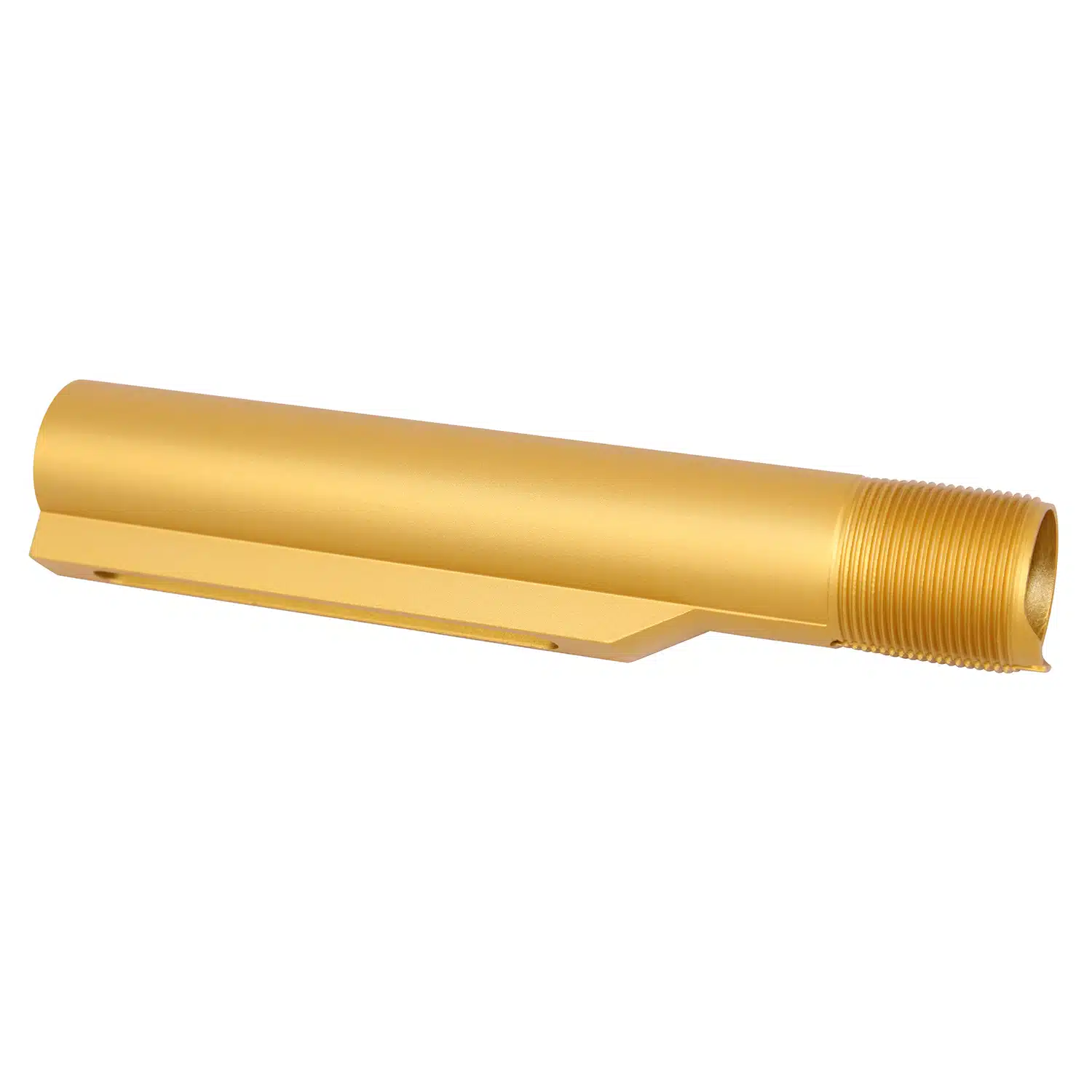 Anodized gold AR-15 buffer tube with threaded end and detent notch