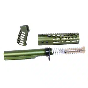 Green anodized AR-15 parts: buffer tube, M-LOK handguard, ergonomic grip for custom builds.