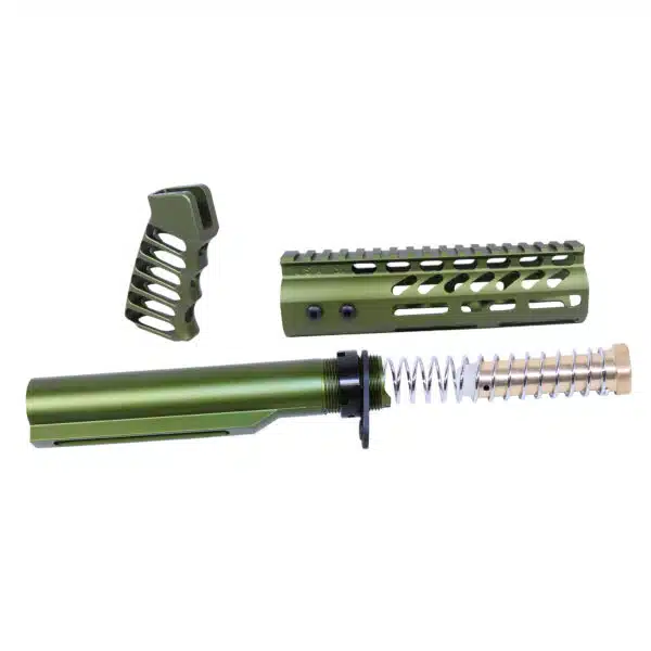 Green anodized AR-15 parts: buffer tube, M-LOK handguard, ergonomic grip for custom builds.