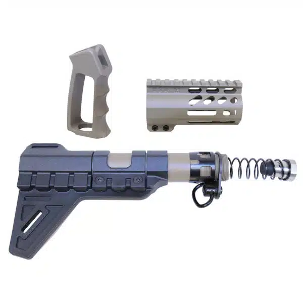 Custom AR-15 pistol parts kit: stabilizing brace, ergonomic grip, rail-equipped barrel shroud.