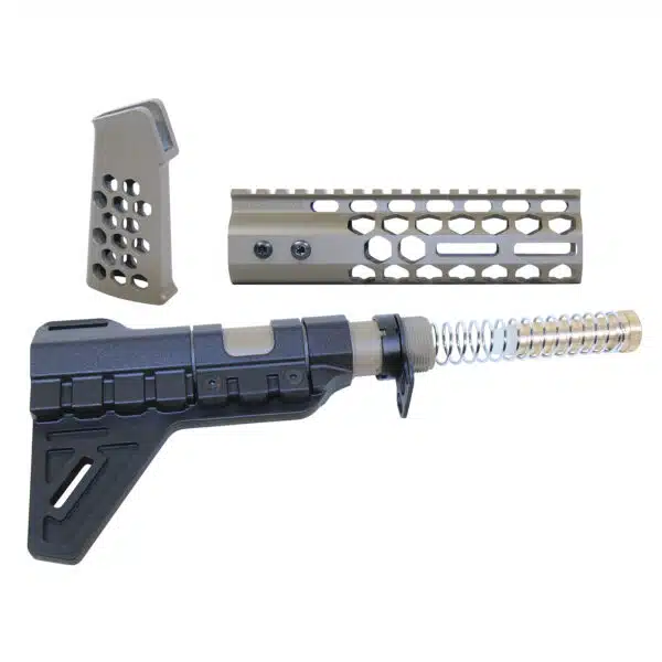 AR-15 accessories: stabilizing brace, ventilated handguard, textured pistol grip on white background.