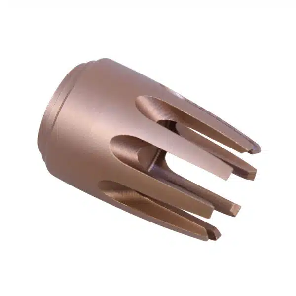 Copper AR15 flash hider with multi-prong design and precision-engineered cutouts.