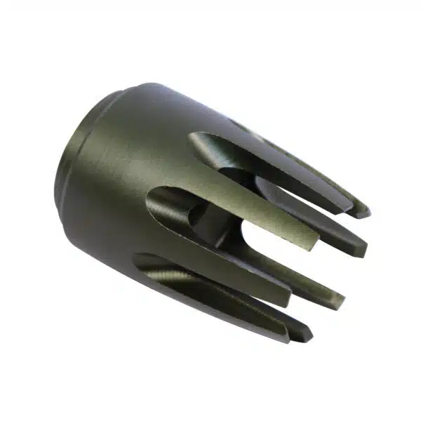 Olive green AR15 flash hider with prongs, disperses gas and reduces flash in tactical use.