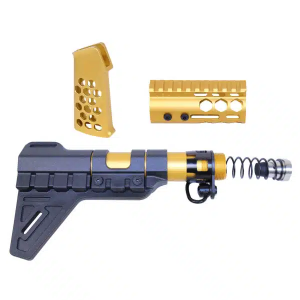 Black and Gold AR-15 Accessory Set: Pistol Brace, Skeletal Grip, and Ventilated Handguard.