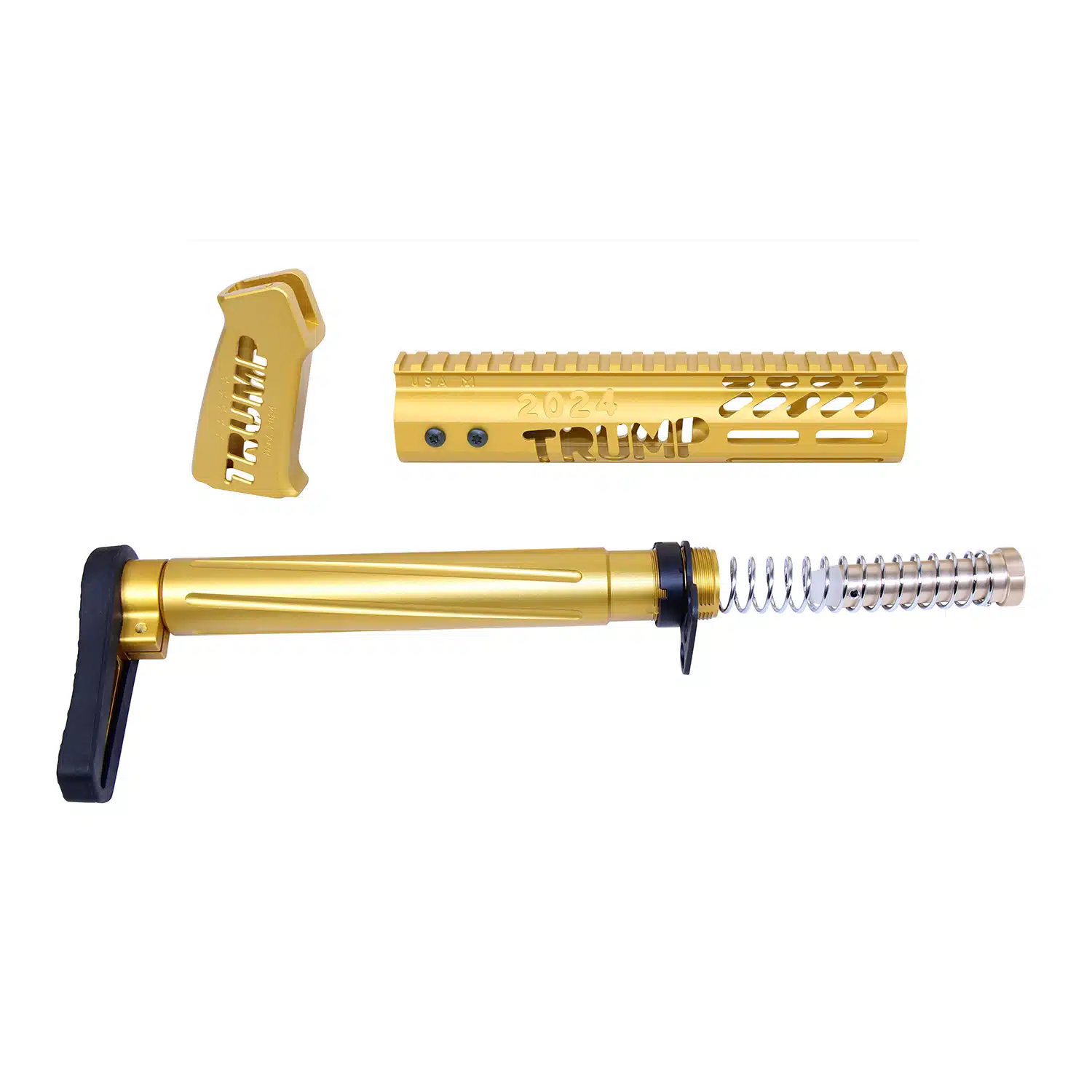 Anodized gold AR-15 furniture set including pistol grip, handguard, and buffer tube assembly.
