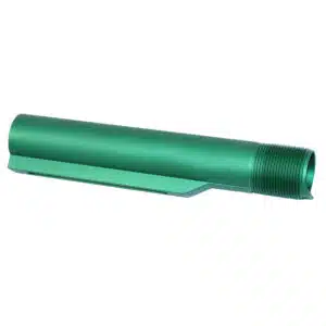 Metallic green AR-15 buffer tube with anodized finish for customizable firearm aesthetics.