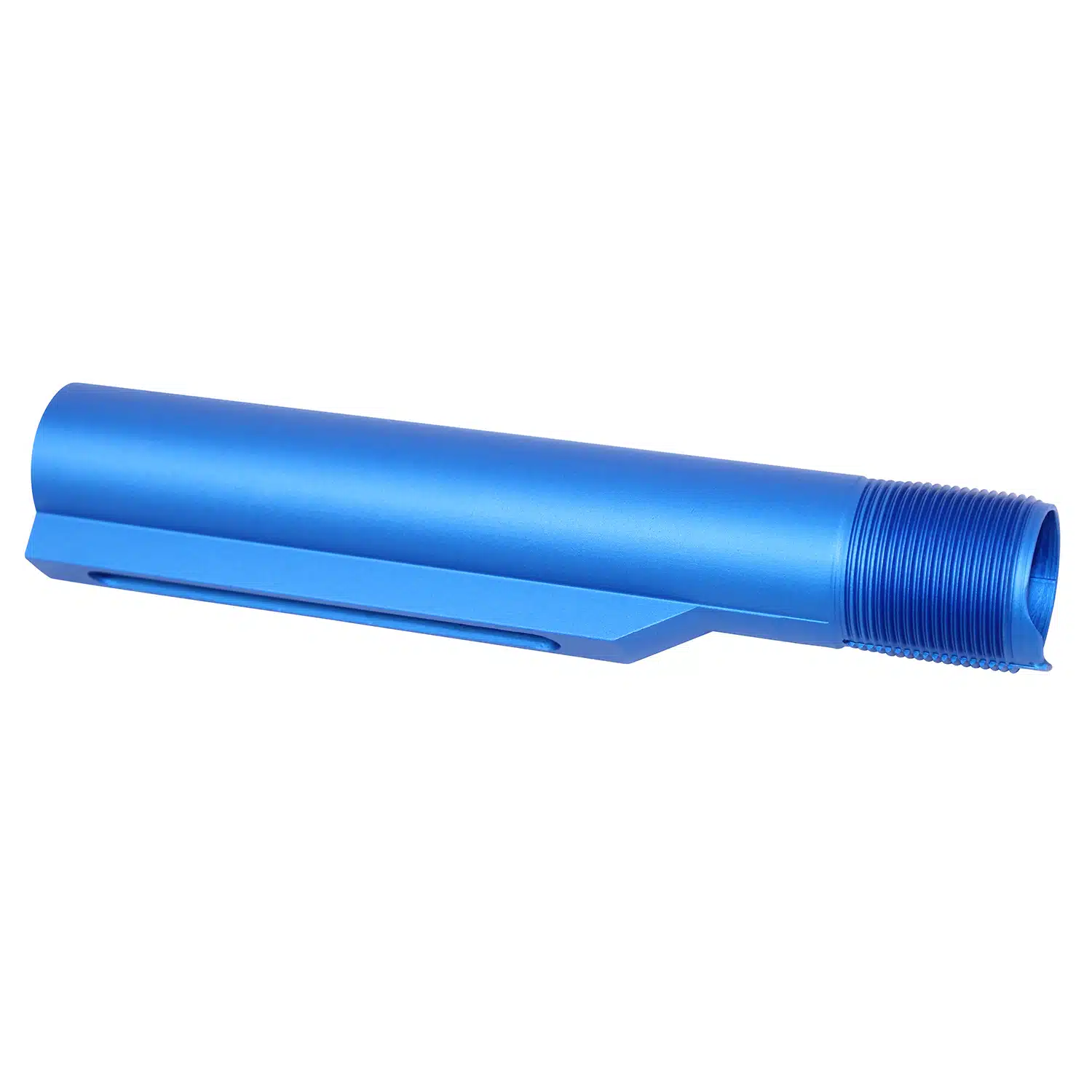 Anodized blue AR-15 Mil-Spec Gen 2 buffer tube with threaded end and detent notch