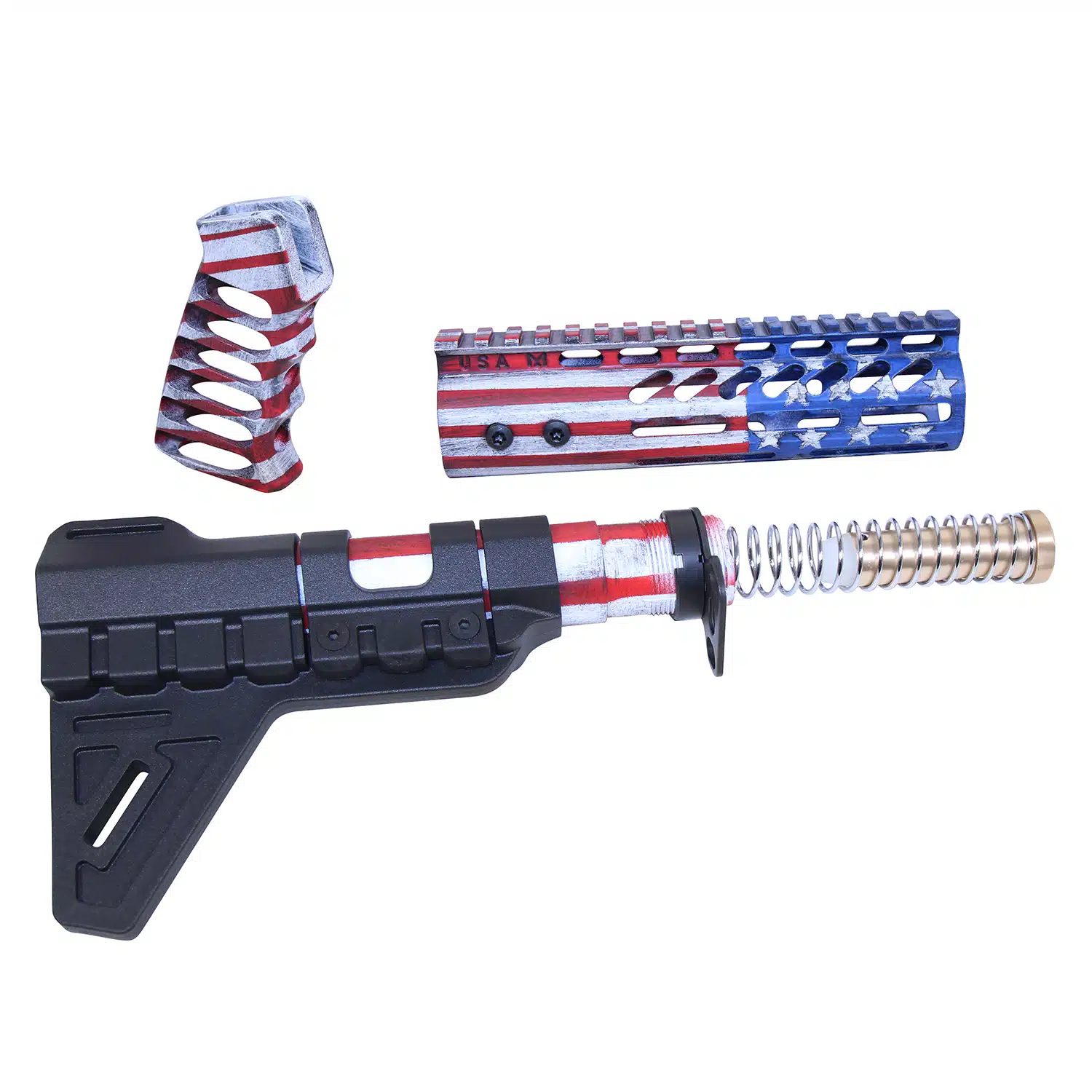 AR-15 pistol furniture set with Cerakote Battleworn finish, handguard, grip, and buffer tube