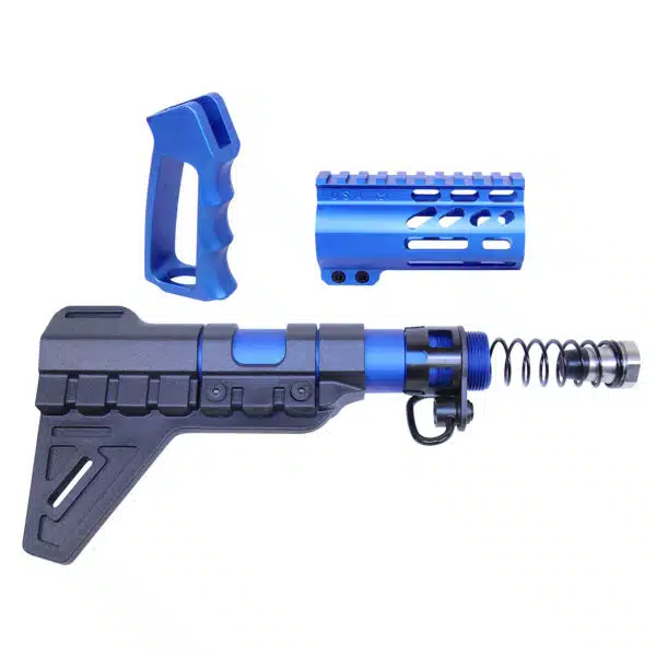 Custom AR pistol accessories: blue and black parts for firearm personalization.