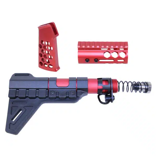Red and black tactical firearm accessories: brace, grip, rail; lightweight, modern design.