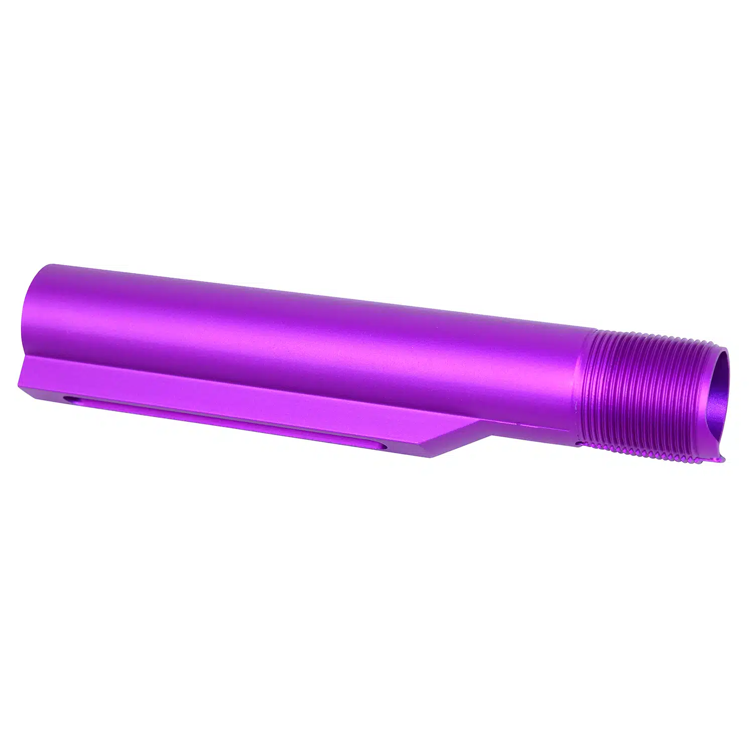 Anodized purple AR-15 Mil-Spec Gen 2 buffer tube with threaded end and detent notch